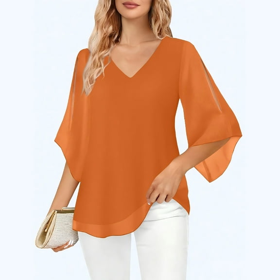 CHGBMOK Women Ruffle 3/4 Sleeve T-shirt V Neck Tunic Top Double Layers Chiffon Blouses Dressy Casual Tops