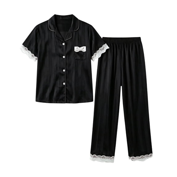 CHGBMOK Women Satin Pajama Set Short Sleeve Notch Collar Button Down Sleep Top & Long Pants Striped Lace Trim 2 Piece Loungewear Pj Sets