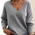 thumbnail image 1 of CHGBMOK Women Solid Color V Neck Sweater Long Sleeve Oversized Loose Fit Casual Knit Pullover Tops for Winter Fall, 1 of 4