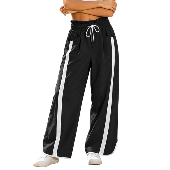 CHGBMOK Women Striped Side Wide Leg Pants Ruffle Elastic High Waist Drawstring Casual Trousers with Pockets Curved Hem Streetwear Pants