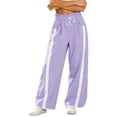 thumbnail image 1 of CHGBMOK Women Striped Side Wide Leg Pants Ruffle Elastic High Waist Drawstring Casual Trousers with Pockets Curved Hem Streetwear Pants, 1 of 6