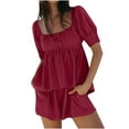 thumbnail image 1 of CHGBMOK Women Summer Linen 2-Piece Set Outfits Square Neck Short Puff Sleeve Tops and Shorts (Red,S), 1 of 8