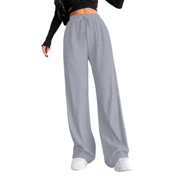 CHGBMOK Women Sweatpants Solid Ribbed Casual Pants High Waisted Drawstring Cozy Loose Wide Leg Jogger Pants