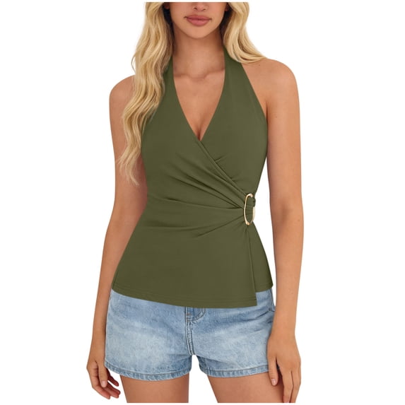 CHGBMOK Women Tank Top Halter Backless Tank Top V Neck Sleeveless Fitted Top Front Pleated Trendy Summer Basic Camisole
