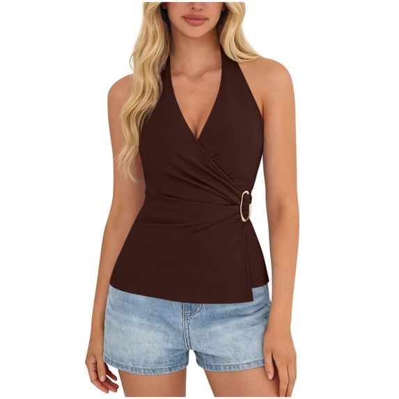 CHGBMOK Women Tank Top Halter Backless Tank Top V Neck Sleeveless Fitted Top Front Pleated Trendy Summer Basic Camisole