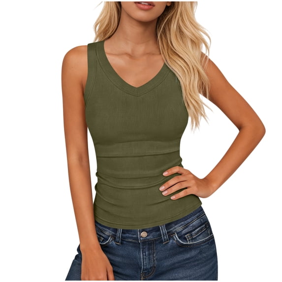 CHGBMOK Women Tank Top V Neck Ribbed Knited Sleeveless Top Solid Basic Tank Spring Summer Casual Slim Fit Tee Tops