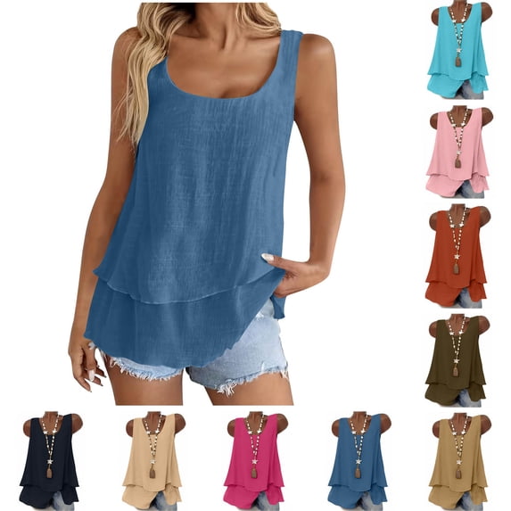 CHGBMOK Women Tank Tops Double Layers Linen Tank Blouse Spring Summer Crew Neck Sleeveless Shirts Loose Fit Casual Cami