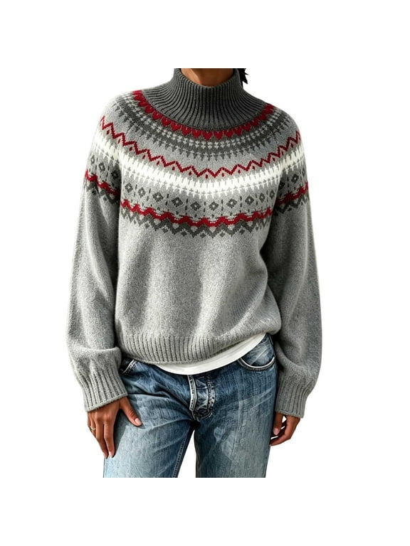 Women Turtleneck Fair Isle Knit Sweater Plus Size Long Sleeve Vintage Nordic Geometric Pattern Pullover Casual Loose Printed Knitted Top
