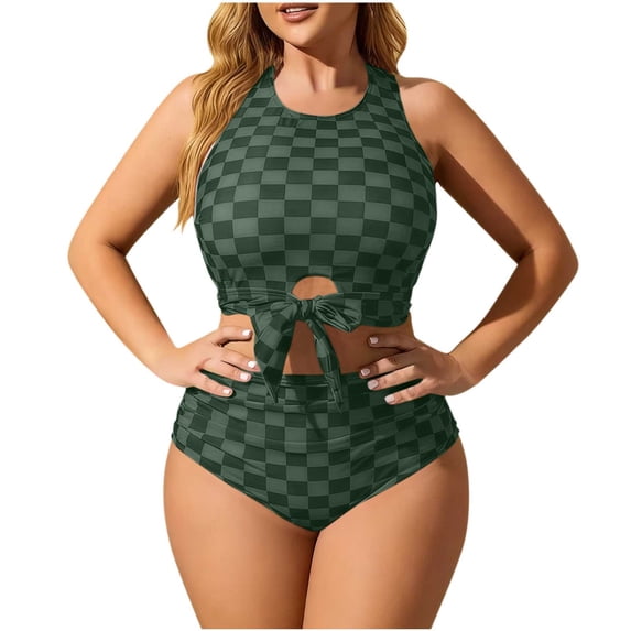 CHGBMOK Women Two Piece Swimsuit Plaid Printed Wide Straps Crew Neck Swimwear High Wasted Bathing Suit Plus Size Swimsuit
