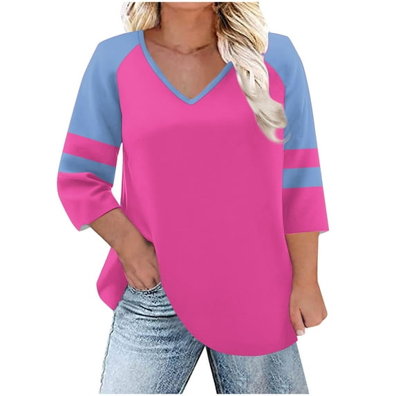 CHGBMOK Women V Neck T Shirts 3/4 Sleeve Blouses Color Block Casual Dressy Tees Plus Size Loose Tunic