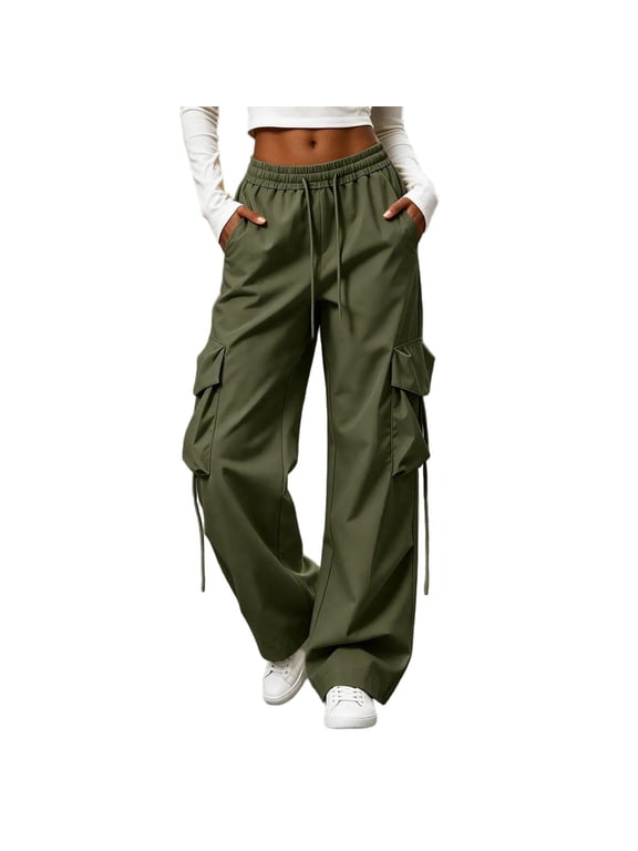 Women Wide Leg Cargo Pants Elastic Drawstring Waist Loose Casual Trousers with Flap Side Pockets & Strap Detail Y2K Streetwear Baggy Work Pants