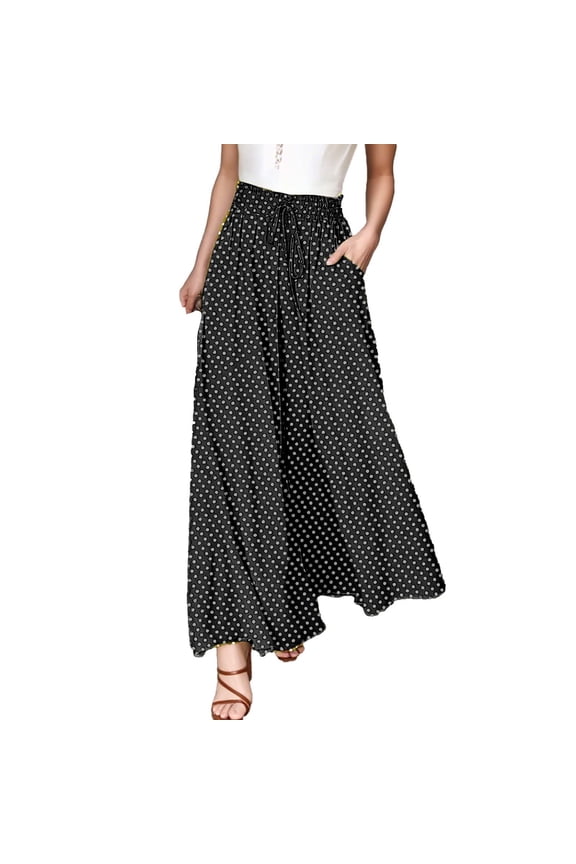 Women Wide Leg Dress Pants Spring Summer Polka Dot Loose Casual Trousers with Pockets Drawstring High Waisted