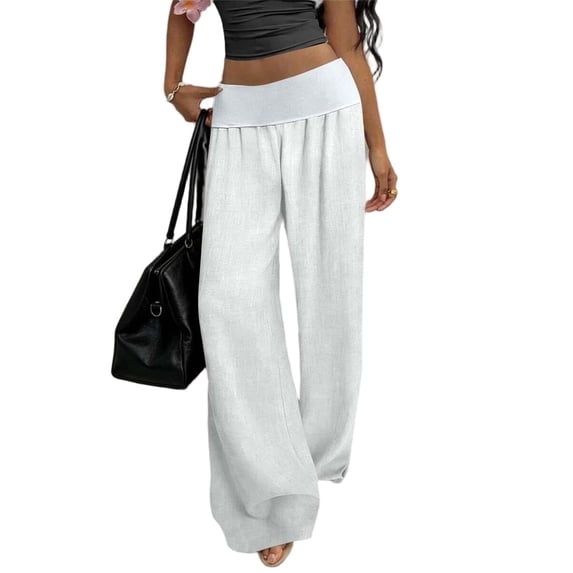 CHGBMOK Women Wide Leg Trousers Drape Cotton Linen Lounge Pants Elastic High Rise Casual Long Pants Loose Cozy Spring Summer