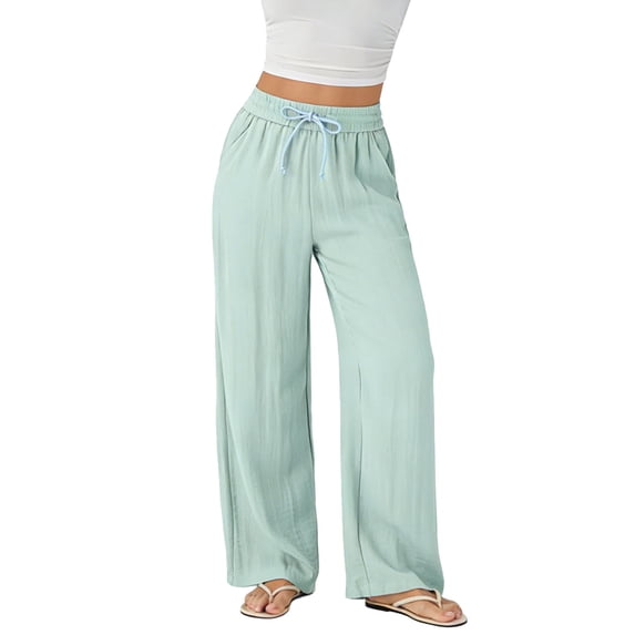 CHGBMOK Women Wide Leg Trousers Drawstring Loose Casual Long Pants Spring Summer Solid Shift Pants