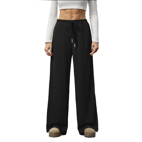 CHGBMOK Women Wide Leg Trousers Flowy Drape Ribbed Shift Pants Drawstring Low Rise Casual Long Pants Loose Cozy Spring Summer