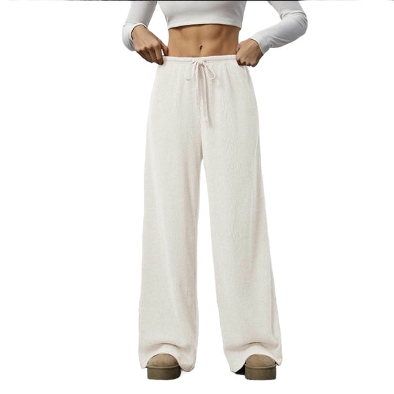 CHGBMOK Women Wide Leg Trousers Flowy Drape Ribbed Shift Pants Drawstring Low Rise Casual Long Pants Loose Cozy Spring Summer