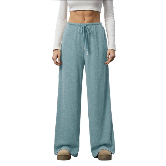 CHGBMOK Women Wide Leg Trousers Flowy Drape Ribbed Shift Pants Drawstring Low Rise Casual Long Pants Loose Cozy Spring Summer