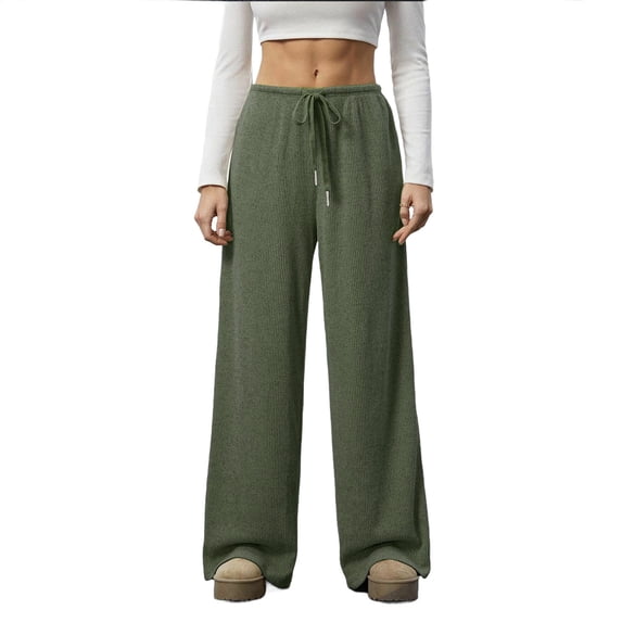 CHGBMOK Women Wide Leg Trousers Flowy Drape Ribbed Shift Pants Drawstring Low Rise Casual Long Pants Loose Cozy Spring Summer
