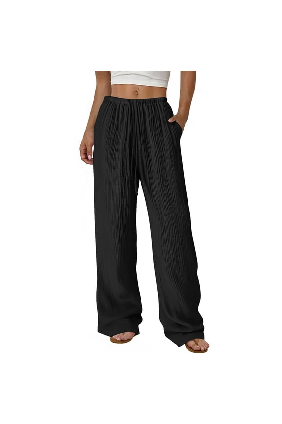 Women Wide Leg Trousers Loose Drape Ruched Shift Pants Elastic Waisted Casual Long Pants with Pockets