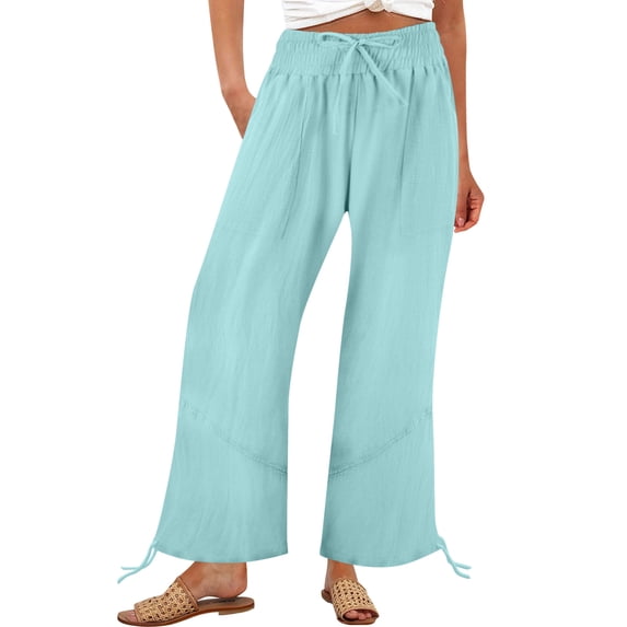 CHGBMOK Women Wide Leg Trousers with Pockets Cotton Linen Lounge Pants Drawstring High Waisted Loose Long Pants