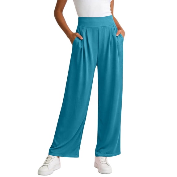 CHGBMOK Women Wide Leg Trousers with Pockets Elastic High Rise Lounge Athletic Pants Solid Loose Long Pants