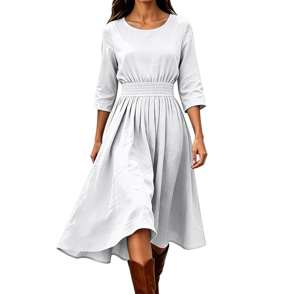 CHGBMOK Women's 3/4 Sleeve Dress Smocked Waist Flowy A Line Midi Dresses Casual Round Neck Dress