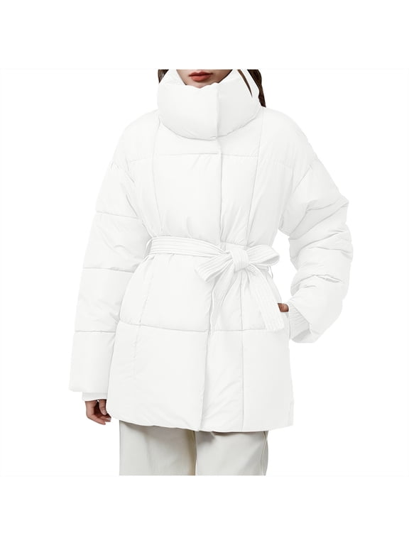 Women's Belted Waist Puffer Coat Stand Collar Mid Length Quilted Padded Jacket Warm Loose Fit Winter Coat