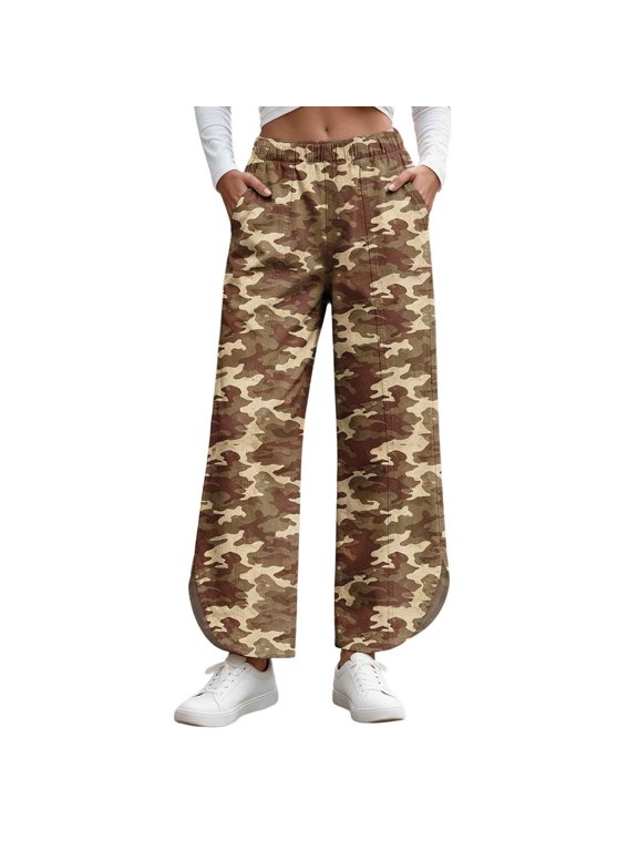 Women's Camo Wide Leg Pants Elastic Waist Casual Camouflage Printed Trousers Curved Split Hem Pants with Pockets