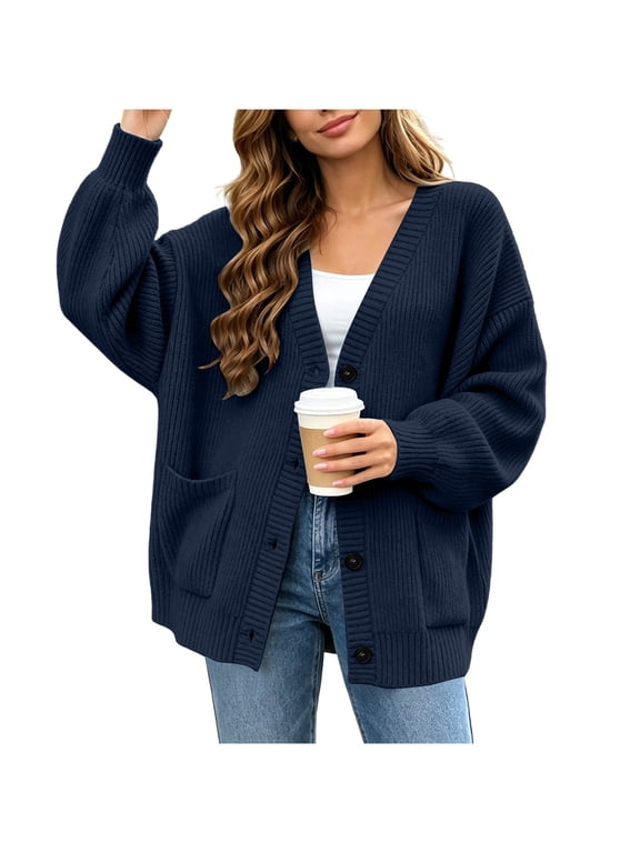 Women's Chunky Ribbed Knit Cardigan V Neck Button Down Loose Sweater Jacket with Pockets Casual Solid Long Sleeve Knit Coat