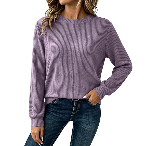 CHGBMOK Women's Crew Neck Sweaters Rib Knit Long Sleeve Loose Fit Pullover Casual Solid Color Tops