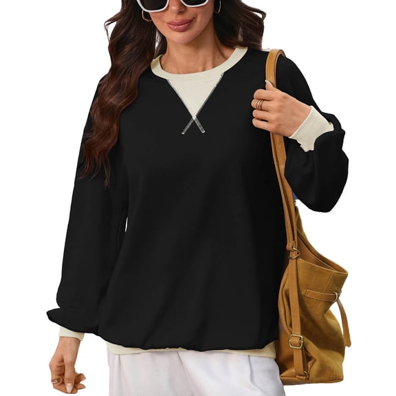 CHGBMOK Women's Crew Neck Sweatshirt Color Block Long Sleeve Blouse Fall Cute Pullover Ribbed Trim Loose Fit Casual Tunic Tops