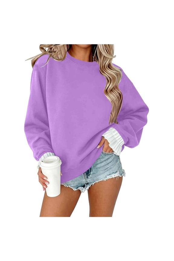 Women's Crew Neck Sweatshirt Long Sleeve Casual Pullover with Contrast Ruffled Cuffs Loose Fit Tops