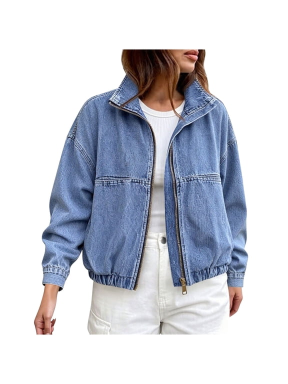 Women's Cropped Denim Bomber Jacket Collared Zip Up Long Sleeve Jean Coat Loose Drop Shoulder Casual Outwear with Side Pockets