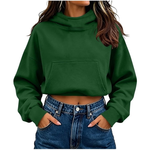 CHGBMOK Women's Cropped Hoodie Drop Shoulder Casual Pullover with Pocket Long Sleeve Relaxed Fit Top