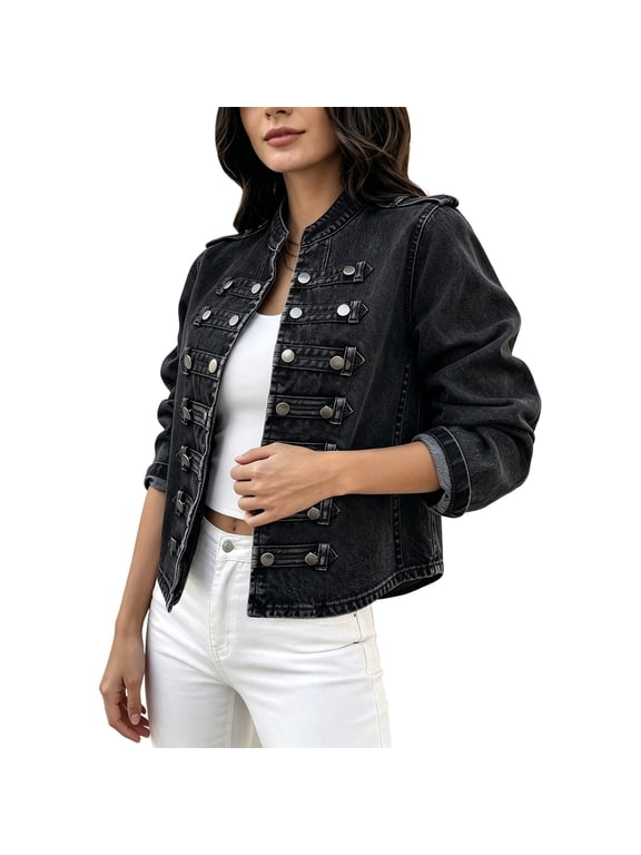 Women's Cropped Military Denim Jacket Stand Collar Double Breasted Button Decor Long Sleeve Open Front Casual Vintage Outerwear Short Jean Coat Black L