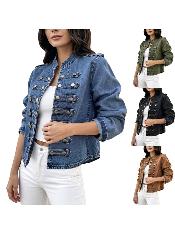 Women's Military Denim Jacket Stand Collar Long Sleeve Double Breasted Cropped Jean Coat Open Front Vintage Outerwear Short Jean Coat Blue L