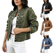 CHGBMOK Womens Military Denim Jacket Stand Collar Long Sleeve Double Breasted Cropped Jean Coat Open Front Vintage Outerwear Short Jean Coat Army Green M