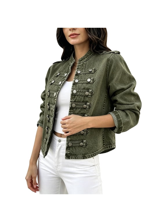 Women's Cropped Military Denim Jacket Stand Collar Double Breasted Button Decor Long Sleeve Open Front Casual Vintage Outerwear Short Jean Coat Army Green M