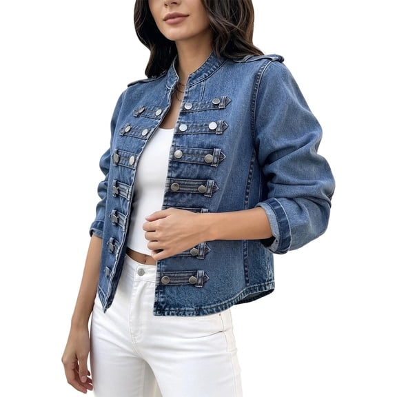 CHGBMOK Women's Cropped Military Denim Jacket Stand Collar Double Breasted Button Decor Long Sleeve Open Front Casual Vintage Outerwear Short Jean Coat Blue XXL