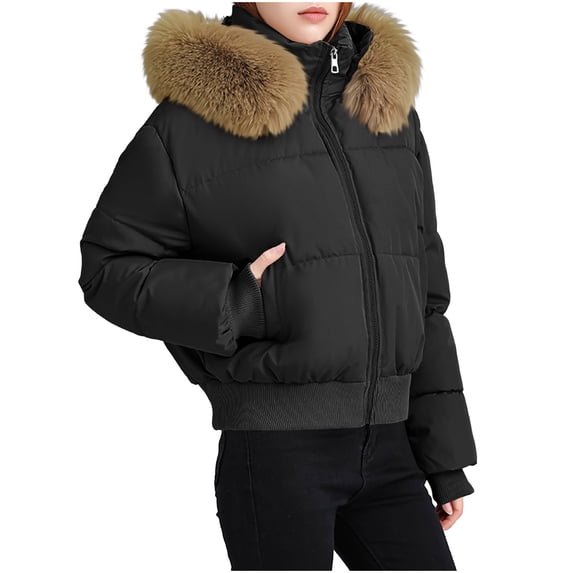 CHGBMOK Women's Cropped Puffer Jacket with Hood Zip Up Short Padded Bomber Coat Quilted Rib Hem Warm Winter Jacket