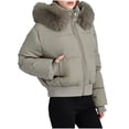 thumbnail image 1 of CHGBMOK Women's Cropped Puffer Jacket with Hood Zip Up Short Padded Bomber Coat Quilted Rib Hem Warm Winter Jacket, 1 of 9
