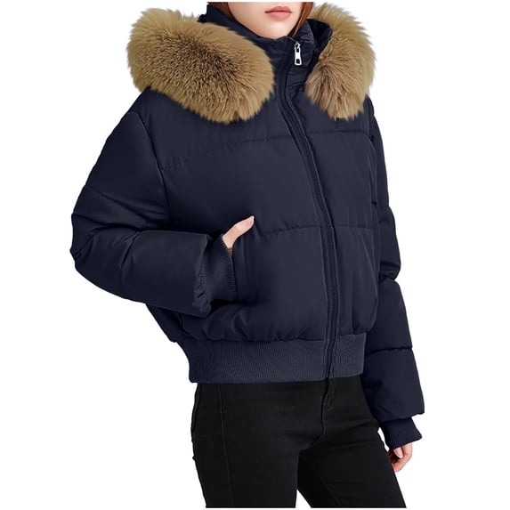CHGBMOK Women's Cropped Puffer Jacket with Hood Zip Up Short Padded Bomber Coat Quilted Rib Hem Warm Winter Jacket