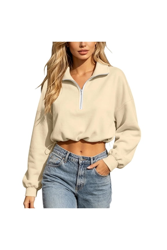 Women's Cropped Sweatshirts Half Zip V Neck Long Sleeve Pullover Fall Adjustable Drawstring Hem Tops