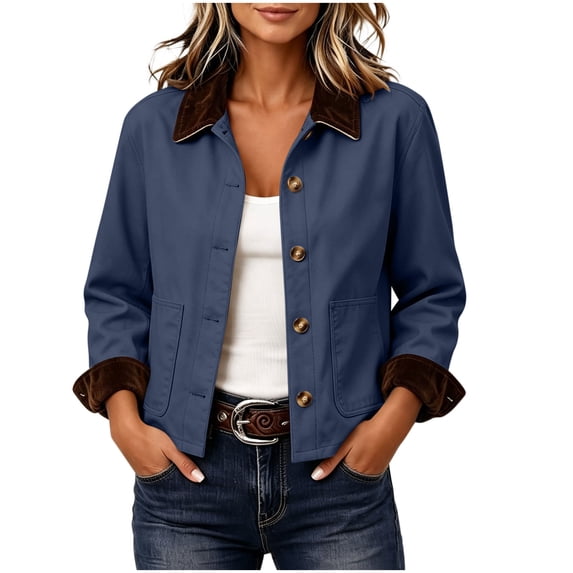 CHGBMOK Women's Cropped Utility Jacket Contrast Corduroy Collar Button Down Long Sleeve Shacket Casual Loose Fit Fall Outerwear with Pockets