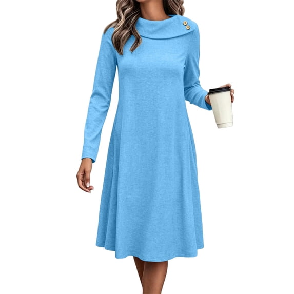 CHGBMOK Women's Fall Dress Casual Ribbed Knit Crew Neck Dress Long Sleeve A Line Flare Dress