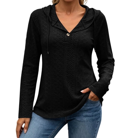 CHGBMOK Women's Fall Hoodie V Neck Long Sleeve Pullover Drawstring Loose Fit Top with Button