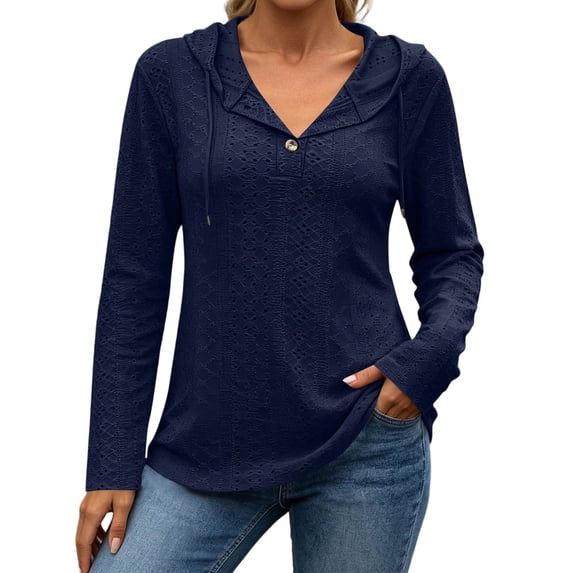 CHGBMOK Women's Fall Hoodie V Neck Long Sleeve Pullover Drawstring Loose Fit Top with Button