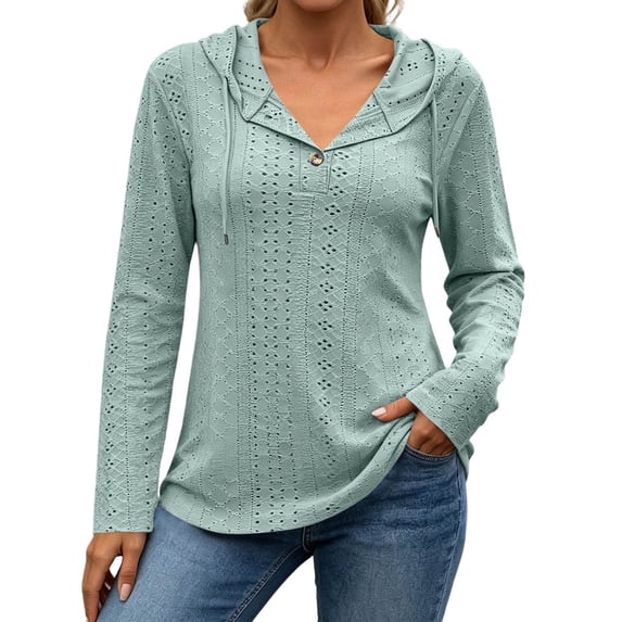 CHGBMOK Women's Fall Hoodie V Neck Long Sleeve Pullover Drawstring Loose Fit Top with Button