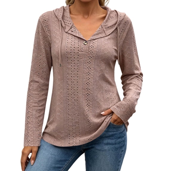 CHGBMOK Women's Fall Hoodie V Neck Long Sleeve Pullover Drawstring Loose Fit Top with Button