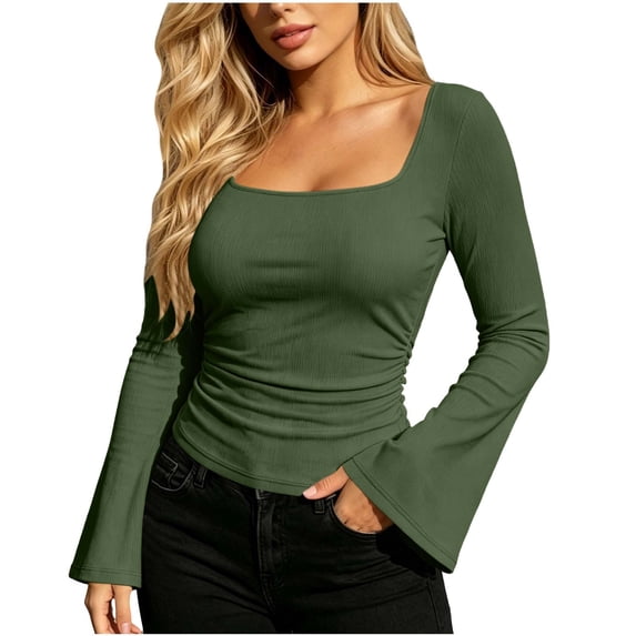 CHGBMOK Women's Flared Long Sleeve Shirts Square Neck Blouse Fall Outfits Ribbed Slim Fit Work Tops